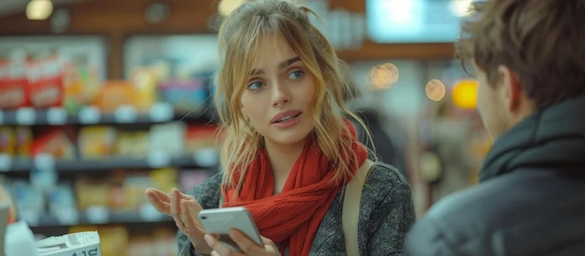 Kobieta rozmawia z pracownikiem sklepu spożywczego przy kasie