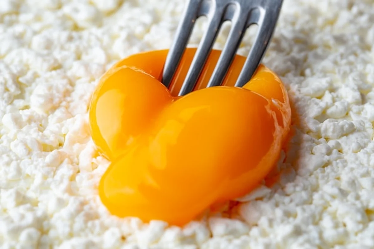 Żółte jajo kurze z folkiem i twarogiem