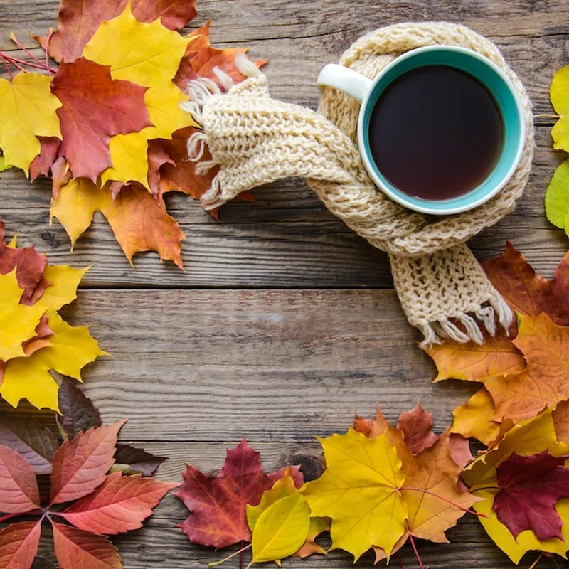 Jesień: liście, herbaciana filiżanka, szalik na drewnianym tle