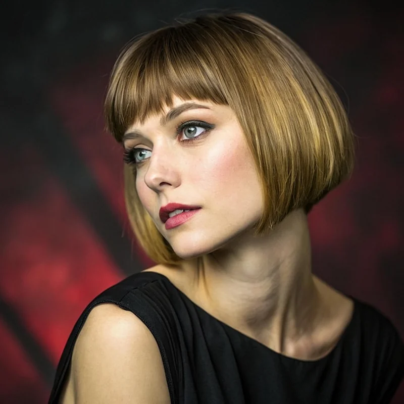 Stylowa kobieta z krótką blond fryzurą patrząca w bok