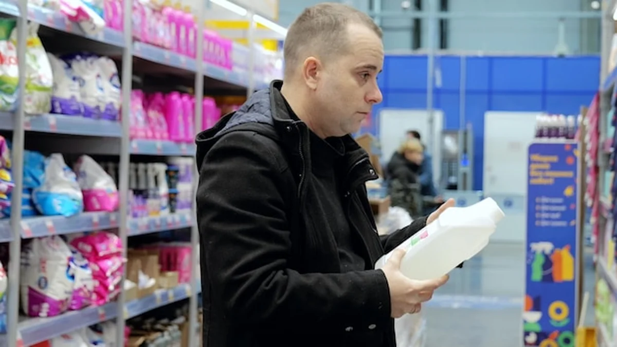 Kupujący porównuje etykietę detergentu w sklepie spożywczym