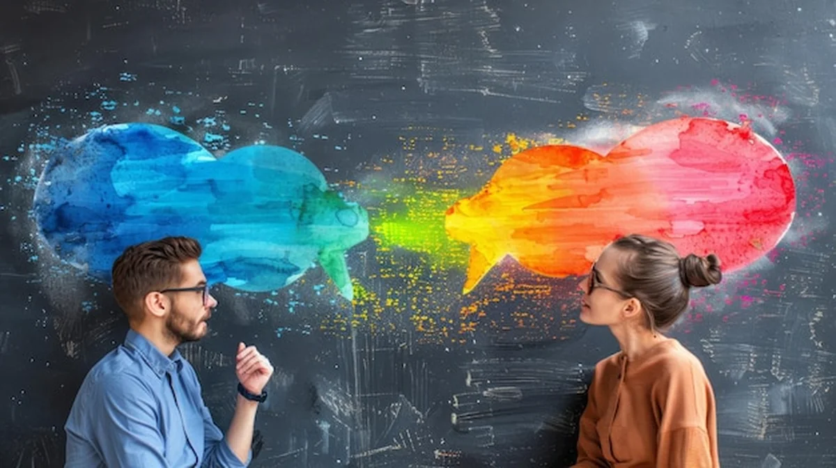 Mężczyzna i kobieta rozmawiają z malowanymi bańkami myślowymi