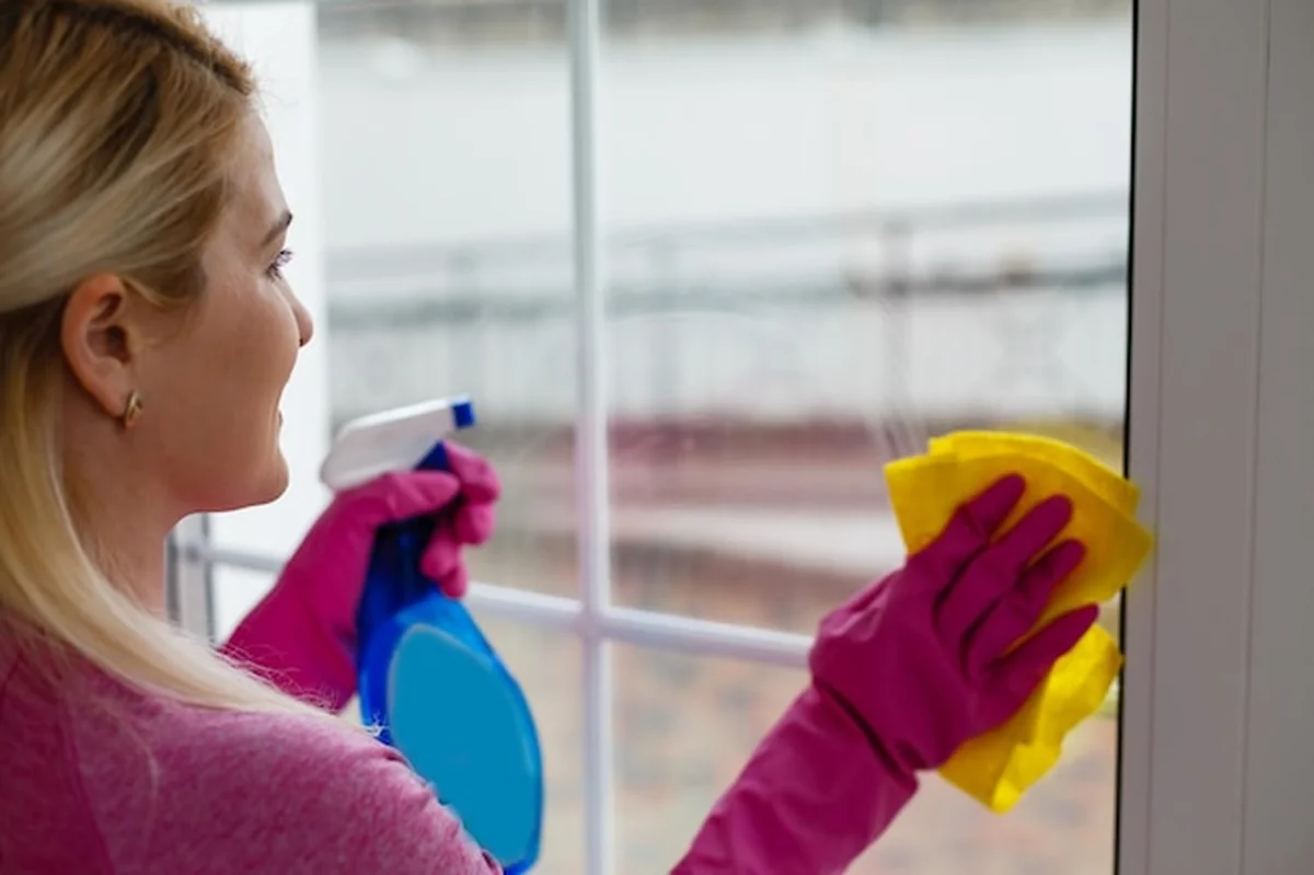 Kobieta czyści okno żółtą szmatką